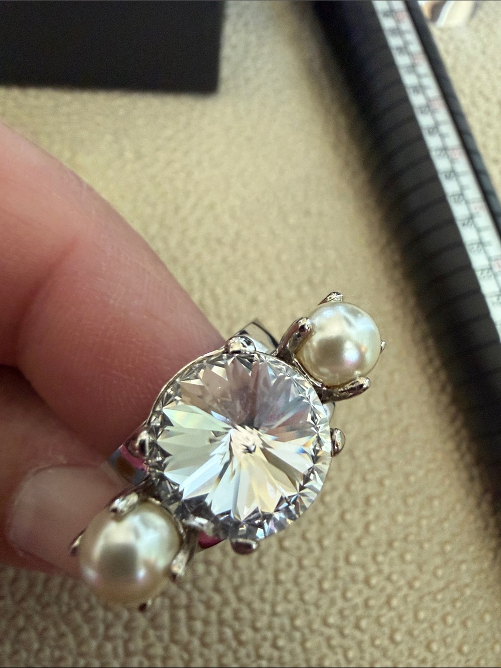 Miu Miu Pearl and Crystal Ring With Box